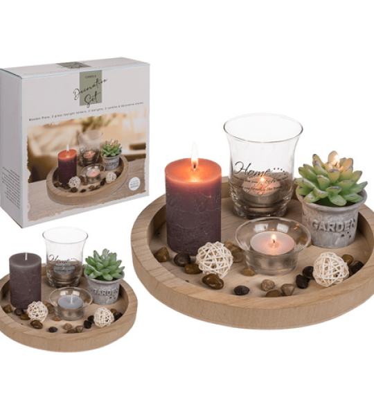 wooden plate tealight holders and candle