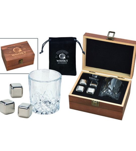 WHISKEY SET GLASS + S/LESS STEEL CUBES